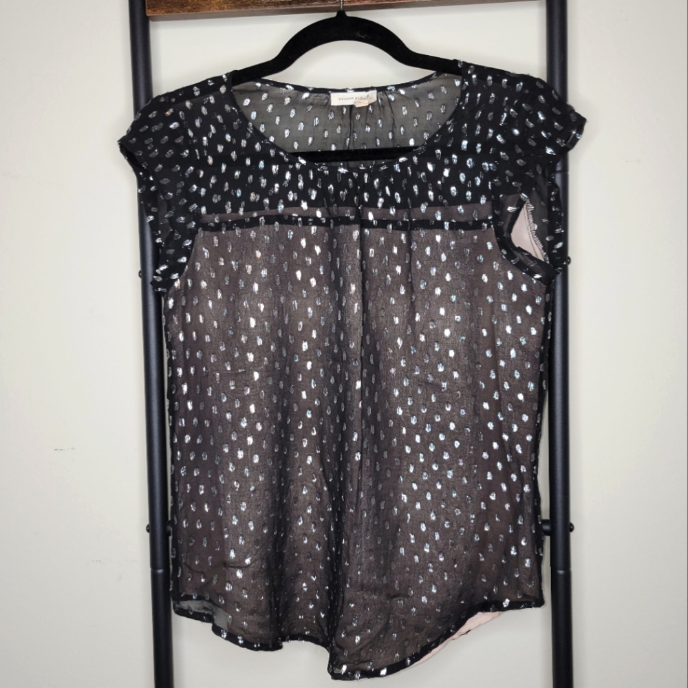 Meadow Rue Anthropologie XS Black Silver sheer yoke overlay lined top